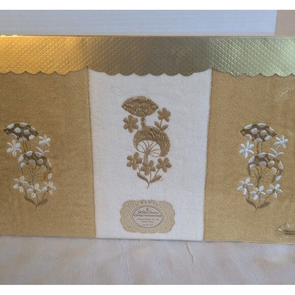 NOS 70s Mushroom Towels Velour Terry Golden Crown Guest Hand Set Of 3 Vtg Groovy - Picture 1 of 11